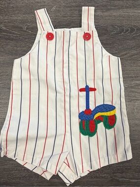 Vintage Samara Striped Tricycle Appliqué Corduroy Shortalls Romper Sz 12 M